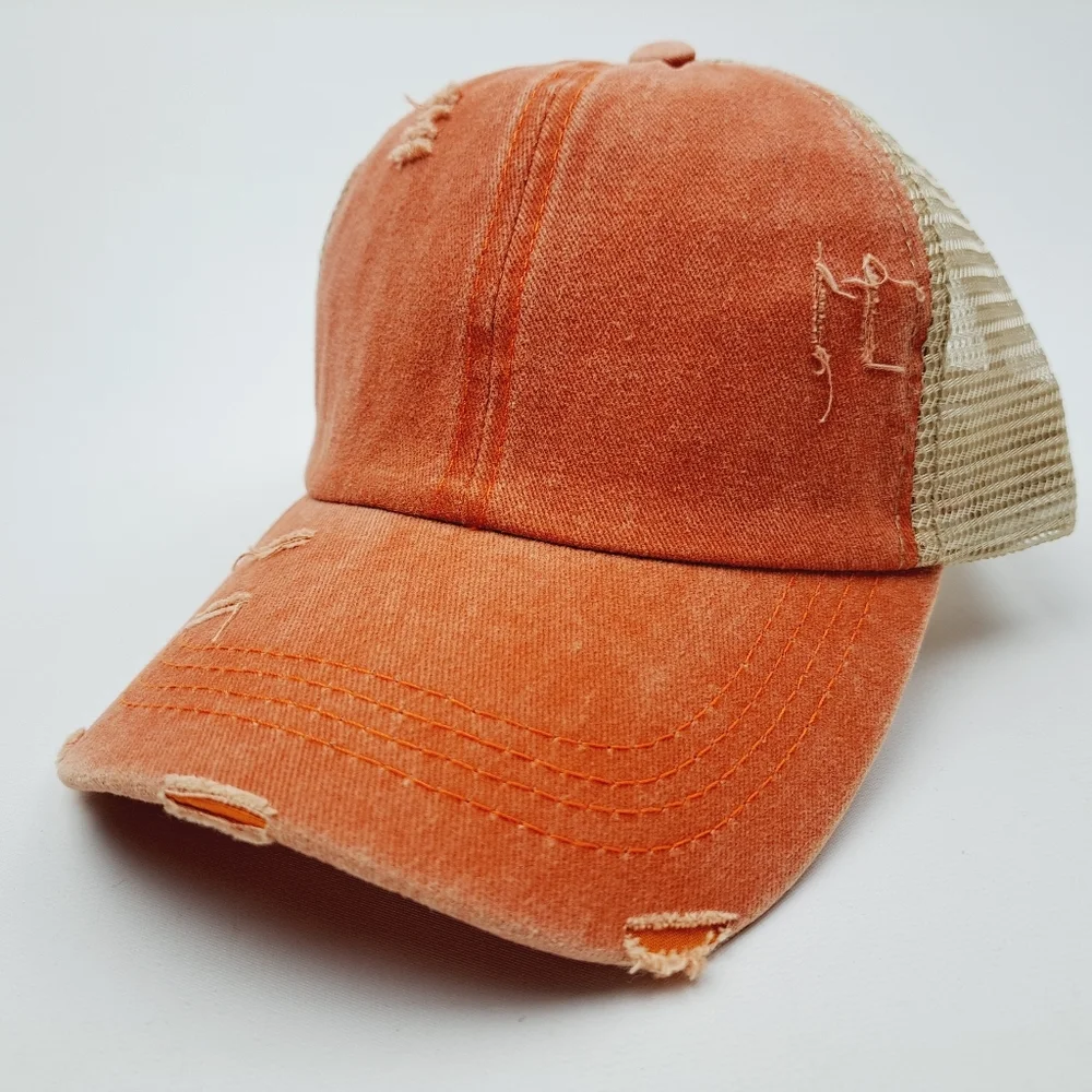 Ponytail Criss-cross Mesh Trucker Women's Cap Hat Distressed Orange